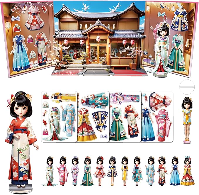 Yuzee Paper Dolls Stickers - Magnetic Dress Up Dolls for Girls - Toddler Travel Toys - 1 Paper Doll and 33 Clothing Accessories with 3D Magnetic Game Scene, Foster Creativity and Imagination