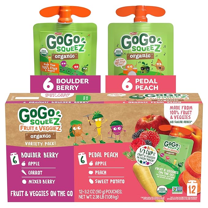 GoGo squeeZ Organic Fruit & veggieZ Applesauce and Puree Variety Pack, Pedal Peach and Boulder Berry, 3.2 oz (Pack of 12), Unsweetened Snacks for Kids, BPA Free Pouches