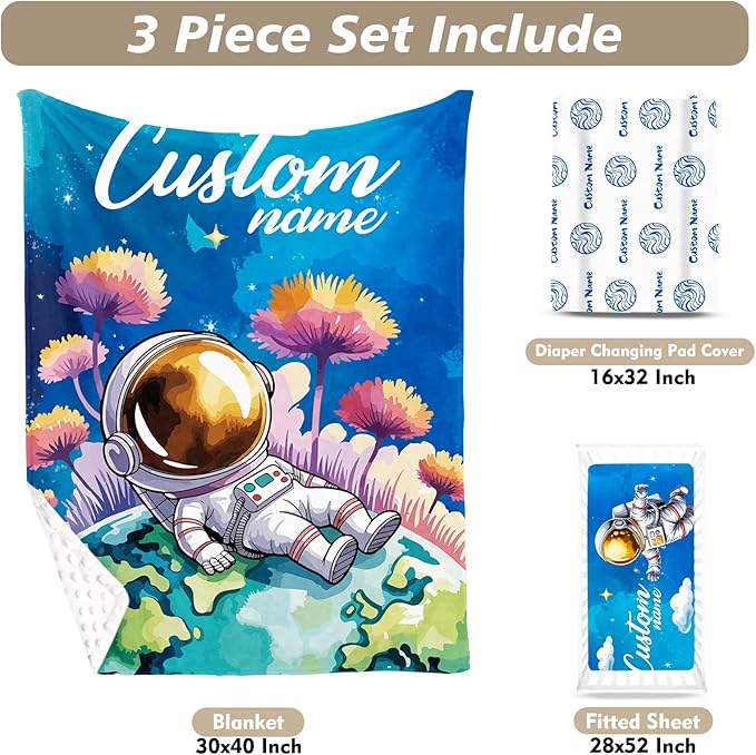 Personalized Baby Crib Bedding Set - Mysterious Space Theme Nursery Bedding Sets 3 Piece with Custom Name Blanket, Fitted Crib Sheet & Changing Pad Cover – Ideal Newborn Gift for Boys