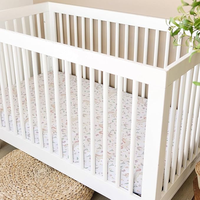 Sorrel + Fern Crib Sheets Neutral - Fitted Baby Crib Sheets Bed for Girl Boy - 2 Pack Standard & Toddler Mattress (Unicorn Blossom) - Buttery Soft Organic Cotton Blend