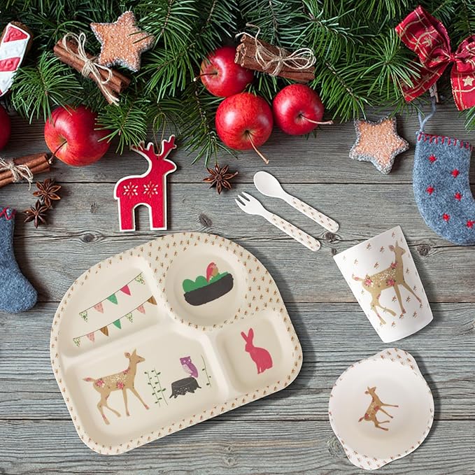 Kids Feeding Set 5 Pcs, Tableware Set for Toddlers Includes Plate Bowl Cup Fork and Spoon Utensil Flatware, Kids Flatware Set Dishwasher Safe, BPA Free (Giraffe)