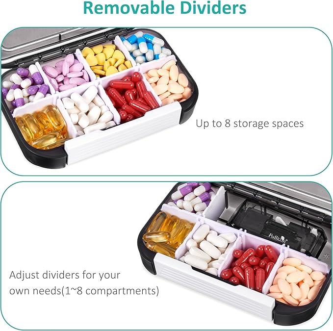 Fullicon Large Pill Organizer with 8 Compartments, Moisture Proof Travel Pill Box with Removable Divider, Daily Pill Container with Lables, Pill Case for Vitamin, Fish Oil, Supplement (Black)