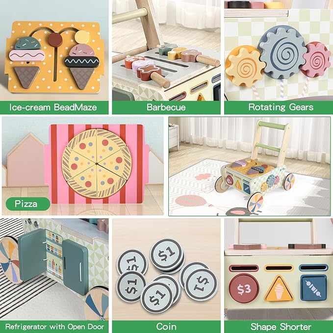 Wooden Push Walker for Babies with Wheels 12 Months+ Wooden Baby Walker Activity Walker for Babies Montessori Multiple Learning Activities Center Walking Toy Adjustable Speed Birthday Gift