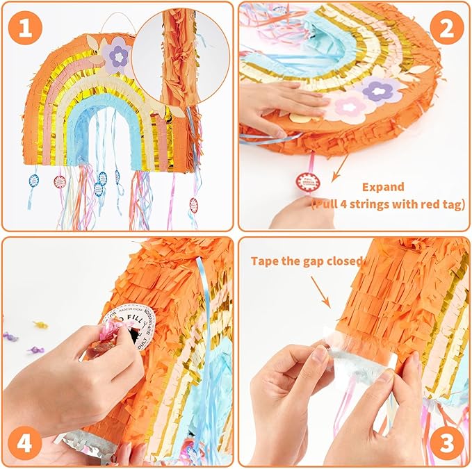 WERNNSAI Foldable Rainbow Pinata - Rainbow Pull String Pinata with Blindfold and Bat for Bundle Piñata Boho Theme Birthday Baby Shower Party Decoration Carnival Party Games Supplies 16.4" x 12.3"