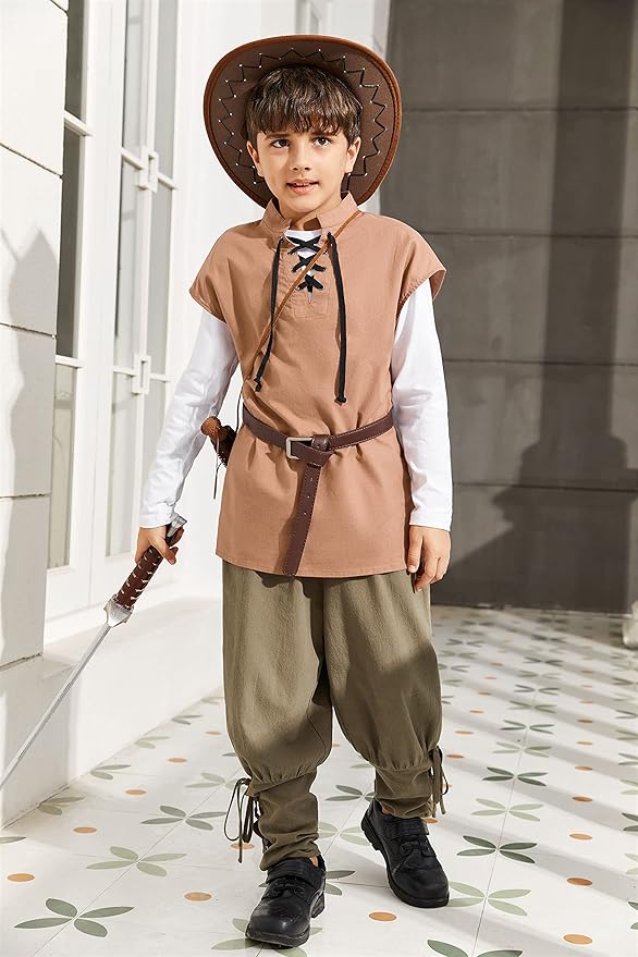 Boys Kids Renaissance Pirate T Shirts Viking Medieval Sleeveless Lace Up Costume Scottish Cotton Tank Tops