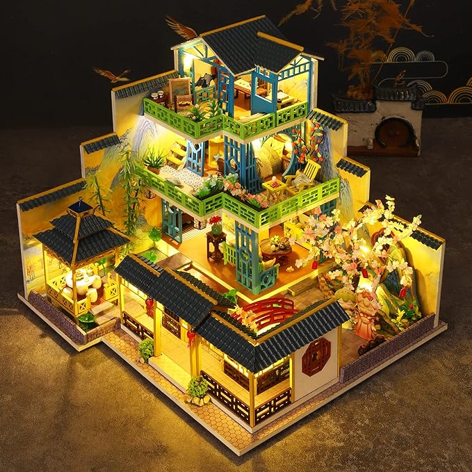 Spilay Dollhouse DIY Miniature Wooden Furniture Kit,Mini Handmade Big Castle Model with Dust Cover & Music Box,with dust Cover 1:24 Scale Creative Doll House for Adult Gift