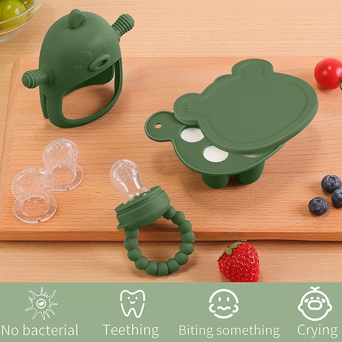 Baby Fruit Food Feeder Breastmilk Popsicle Molds for Teething Relief - 3 Pack Feeding Sets -1 Freezer Tray with Lid & 1 Teether Toy & 1 Silicone Pacifier + 3 Extra Sizes Infant Feed Mesh (Olive Green)
