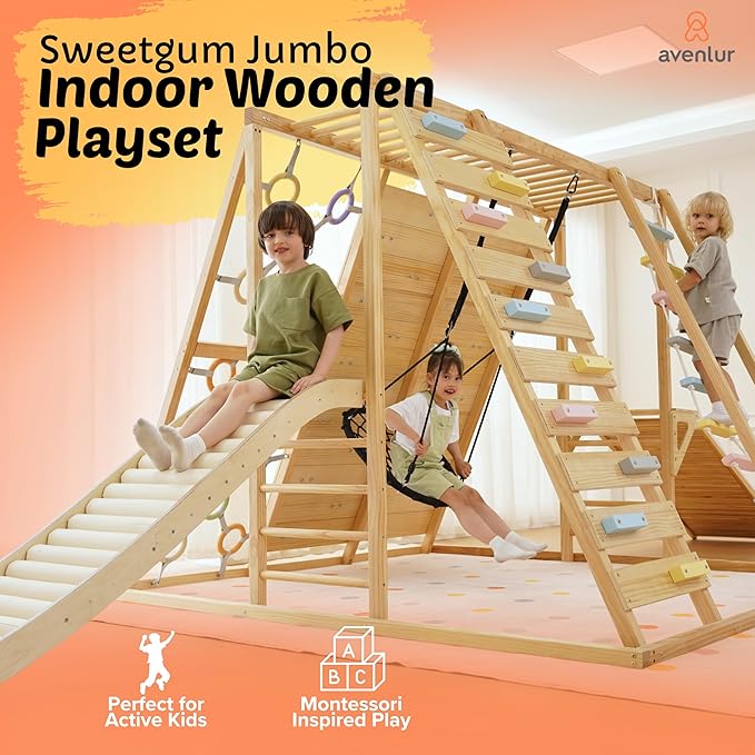 Avenlur Sweetgum Indoor Wooden Playset, 8-in-1 Climber with Rock Wall, Slide, Monkey Bars, Swing, Ages 2-6 Years