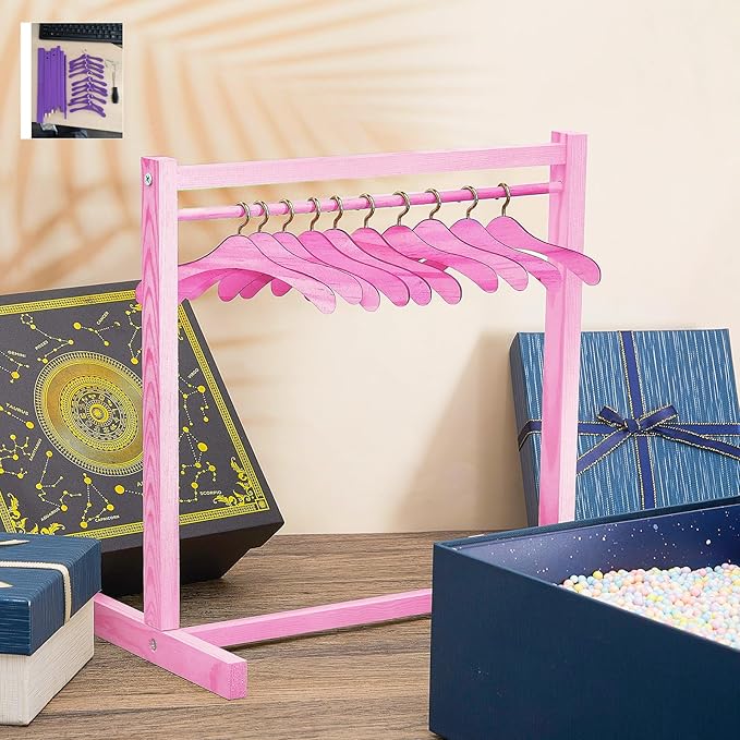 Civaner 11 Pcs Doll Garment Rack with Wooden Clothes Hanger for 18 Inch Girl Doll Clothes Mini Hangers Wardrobe Furniture Accessories for Dollhouse Baby Shower Supplies (Pink)