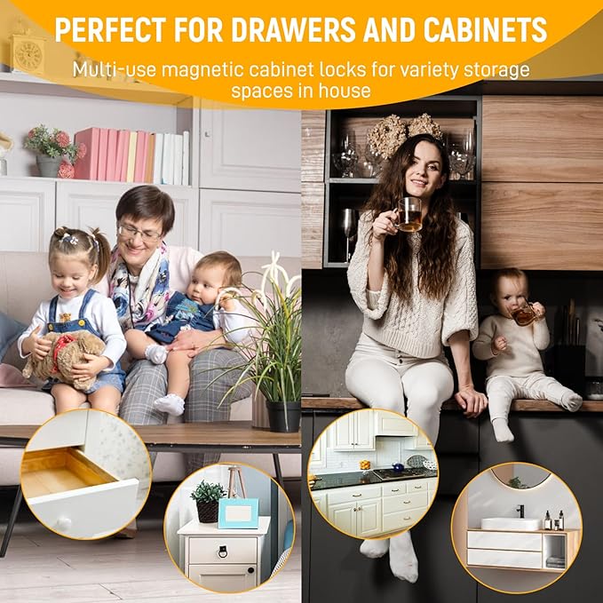Magnetic Cabinet Locks Baby Proofing - Children Proof Cabinet Drawers Safety Locks (10 Locks and 2 Keys)
