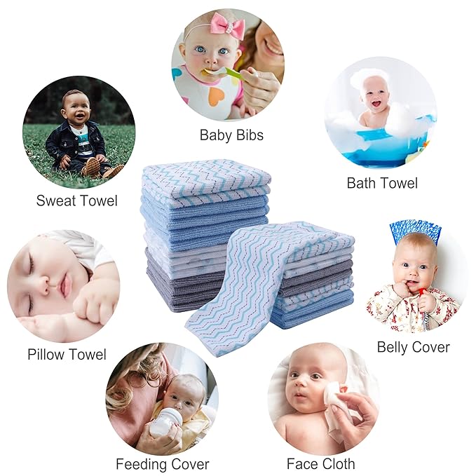 softan Baby Washcloths, 24Pack Baby Wash Cloths Extra Soft & Ultra Absorbent, Baby Towels and Washcloths Face Towels for Unisex Boys Girls Body, Washclothes Gentle on Sensitive Skin, 9x9 Blu Elephant