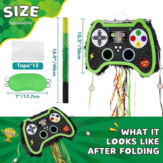 WERNNSAI Foldable Video Game Piñata - Pull String Gaming Birthday Party Supplies Extendable Piñata with Blindfold Bat and Tassels Game On Birthday Party Decoration Folding Piñatas for Classroom Game