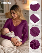 Huukeay 3 Pack Women's Long Sleeve Nursing Tops, Breastfeeding Hidden Zippers Shirts V Neck Maternity Pregnancy Tees Clothes