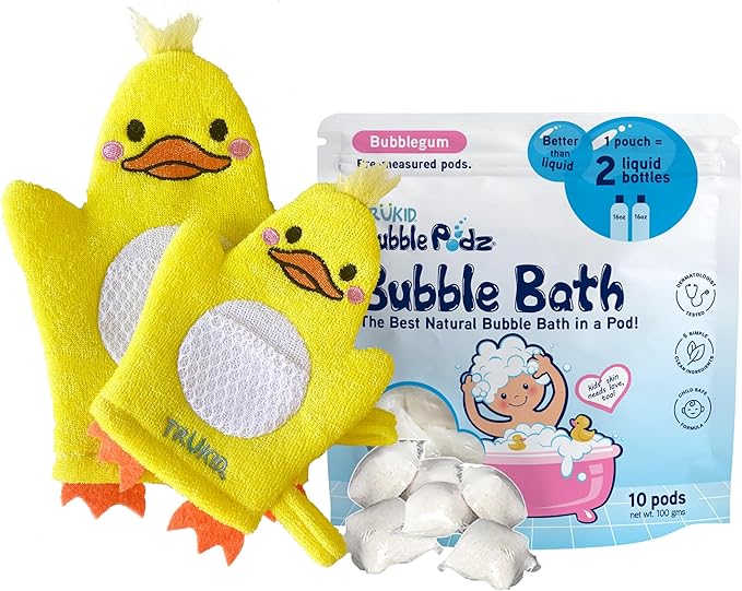 TruKid Bubble Gum Bubble Podz & BubbleGlove Set – Bubble Bath Pods and 2 Wash Gloves for Parent and Child