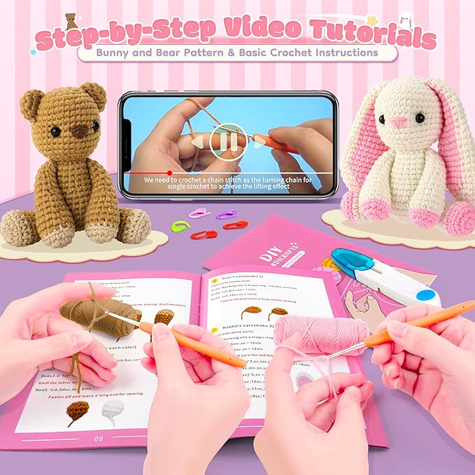 Crochet Kit for Beginners, Bunny and Bear Crochet Animal Kit with Step-by-Step Video Tutorials, Crocheting Kit for Starters, Beginner Crochet Kit for Kids and Adults, DIY Stuffed Animal Knitting Kit