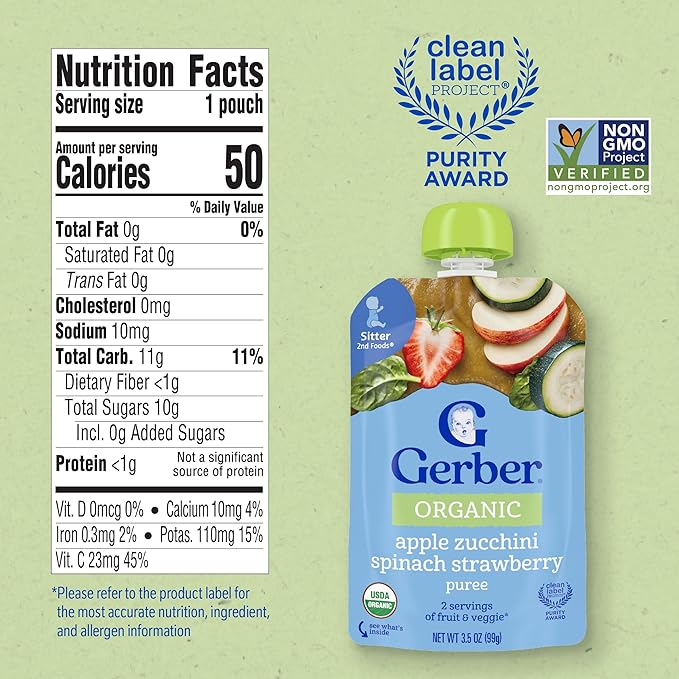 Gerber Organic Baby Food Pouches, 2nd Foods for Sitter, Apple Zucchini Spinach Strawberry, 3.5 Ounce (Pack of 12)