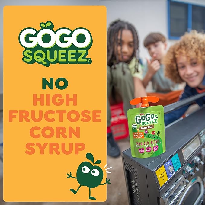 GoGo squeeZ Organic Fruit & veggieZ Applesauce and Puree Variety Pack, Pedal Peach and Boulder Berry, 3.2 oz (Pack of 12), Unsweetened Snacks for Kids, BPA Free Pouches