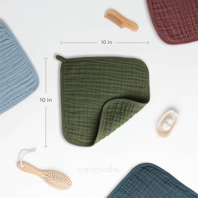 Comfy Cubs Muslin Baby Washcloths 10 Pack - Soft 6-Layer Cotton Wash Cloths for Sensitive Skin - 10"x10" Large, Gentle, Absorbent Infant Essentials for Newborn and Toddlers - Kelp