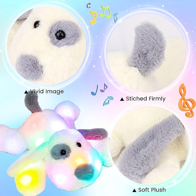 Hopearl LED Musical Stuffed Puppy Lighting Up Singing Plush Dog Adjustable Volume Lullaby Animated Soothe Birthday Festival for Kids Toddler Girls, White, 14''