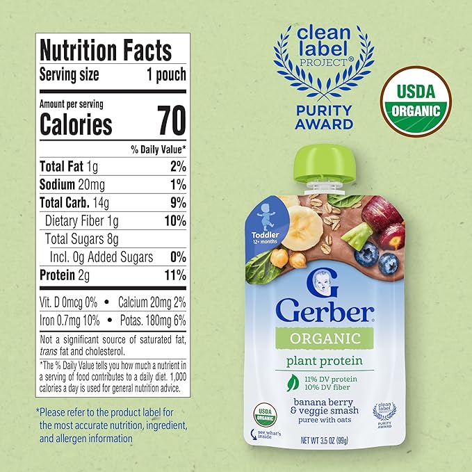 Gerber Toddler Food, Organic Banana Berry and Veggie Smash Puree Pouch, Toddler Pouches, No Added Sweetener, No Artificial Flavors, 12-Pack