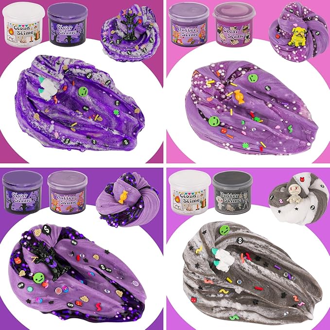 LAWOHO 6 Packs Purple Black Slime Kit - Cloud, Butter & Clear Slime, Slime for Kids with Spooky Slimes Add-ins, Slime Kit for Boys & Girls Birthday Halloween Party Favors Christmas Easter Gifts