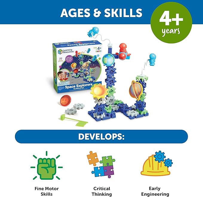 Learning Resources Gears! Gears! Gears! Space Explorers Building Set, 77 Pieces, Ages 4+, Gears & Construction Toy, STEM Toys, Gears for Kids