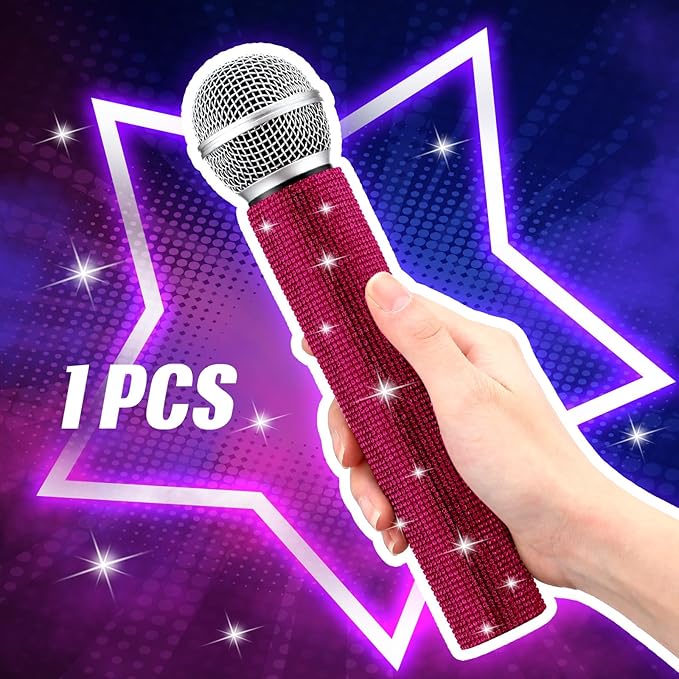 Sanwuta Fake Microphone Prop Sparkly Bling Rhinestones Plastic Play Microphone Pretend Glitter Bedazzled Mic for Cosplay Party Costume(Dark Pink)