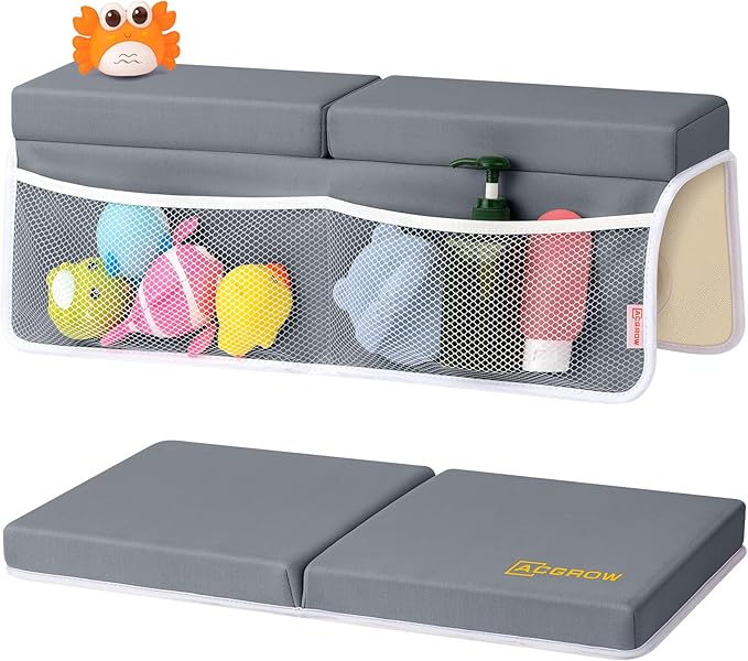 Bath Kneeler and Elbow Rest Pad Set - Comfortable 1.5” Thick Baby Bath Kneeler Pads with Toys Organizer, Non-Slip Knee Arm Support Bathtub Mat, Quick-Drying Kneeling Pad for Baby Bath Time