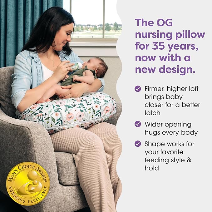 Boppy Nursing Pillow - Ergonomic Bottle & Breastfeeding Pillow with High, Firm, Large Area, Water-Repellent Cushion with Washable Cover; Baby Safety Alliance Verified - Pink Garden Flowers