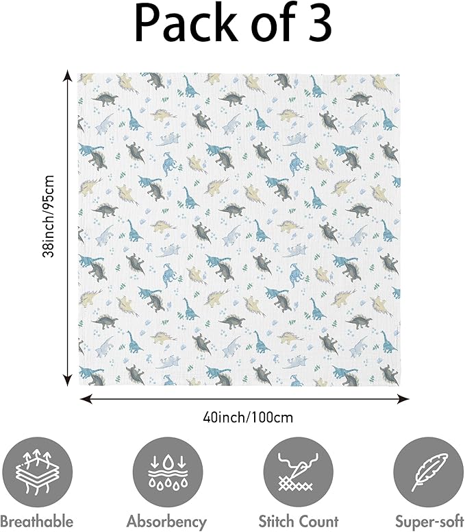 Muslin Swaddle Blankets for Newborn, 3 Pack Breathable Soft Receiving Blanket, Large 38 x 40 inches Swaddle Wrap Burping Clothes Diapers, Essentials Infant Shower Items, Toddler Gift (Blue Dinosaur)