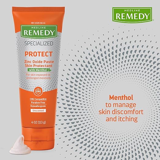 Medline Remedy Specialized Zinc Oxide Paste with Menthol (4 oz Tube), Unscented, Calamine, Incontinence Care, Diaper Rash, Wetness Protection, Hypoallergenic, Paraben Free, Adults, Soothing