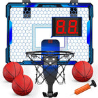 Basketball Hoop Indoor, Mini Basket Ball Hoop with 7 LED Lighting, Scoreboard, Over Door Basketball Hoop with 3 Modes, Volume Adjustable, Foldable, Basketball Toys Gifts for Kids Adults (Blue)