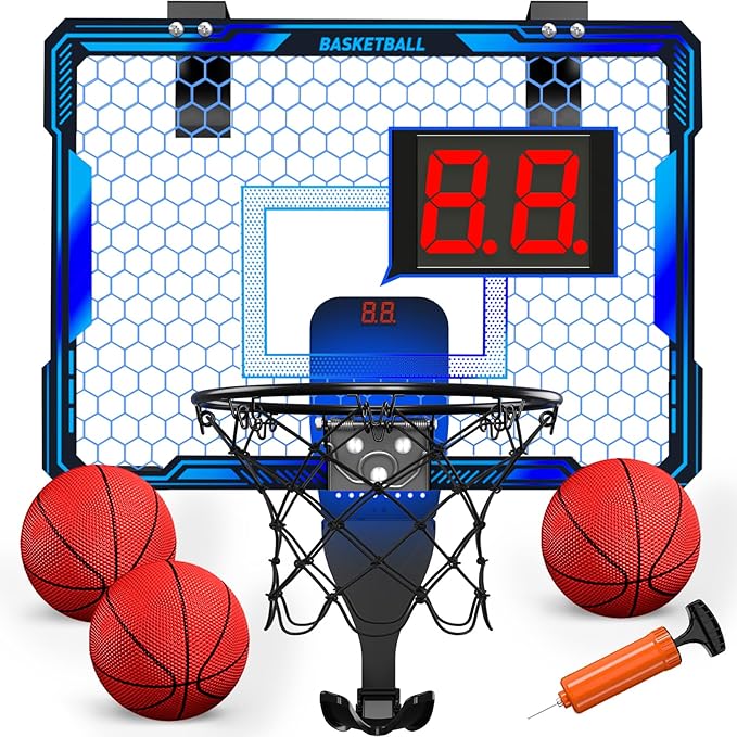 Basketball Hoop Indoor, Mini Basket Ball Hoop with 7 LED Lighting, Scoreboard, Over Door Basketball Hoop with 3 Modes, Volume Adjustable, Foldable, Basketball Toys Gifts for Kids Adults (Blue)