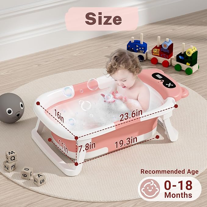 AVIDOR Baby Bathtub,Collapsible Bathtub for Newborn to Toddler,Durable Essential Infant Bath Tub,Portable Travel Baby Tub with Soft Cushion,No-Slip Hanging and Detachable(Pink)