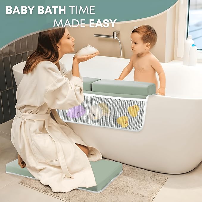 Comfortable Baby Bath Kneeler & Elbow Rest Pad Set – Extra Thick Foam Cushion with Toy Organizer – Non-Slip, Quick Dry Support for Infant & Toddler Bath Time