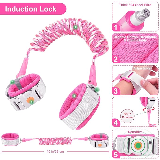 Accmor Anti Lost Wrist Link with Induction Lock, Upgraded Toddler Leash, Reflective Kids Wrist Leash for Baby, Child Walking Wristband Leashes with Magnetic Unlock Design for Girls, Rose (6.5ft)