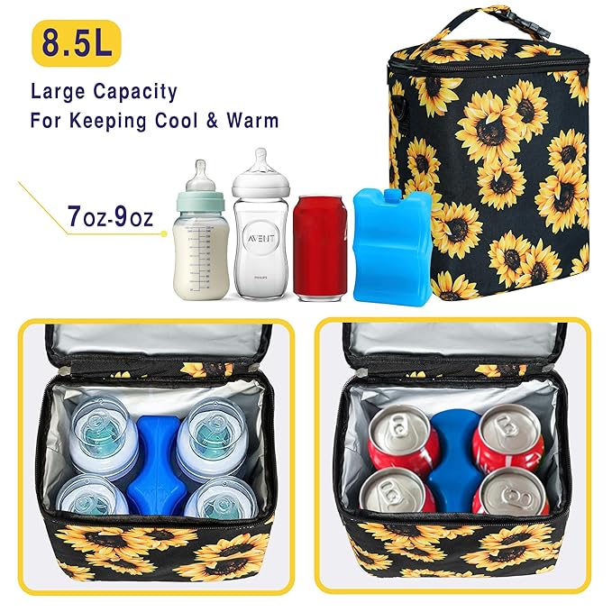 Breastmilk Cooler Bag with Ice Pack Fits 4 Baby Bottles Up to 9 Ounce Insulated Baby Bottle Bag Breast Milk Cooler on The Go with Strap Baby Bottle Cooler Bag for Nursing Mom Daycare or Travel