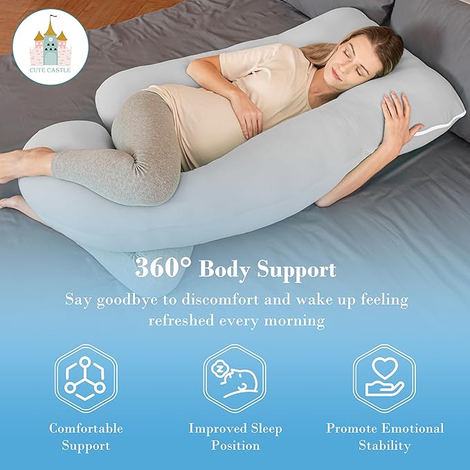 Cute Castle Cooling Cover Pregnancy Pillows, Soft U-Shape Maternity Pillow with Removable Cover - Full Body Pillows for Adults Sleeping - Pregnancy Must Haves - Jumbo 57 Inch - Light Grey