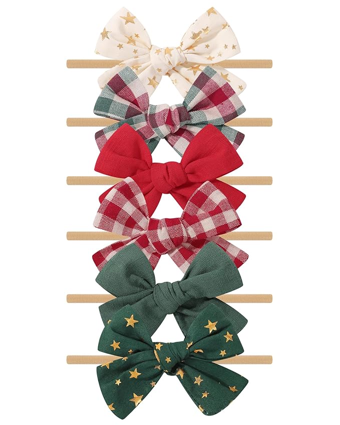 doboi 6PCS Christmas Baby Girls Headbands Hair Bows Star Nylon Cotton Linen Hairbands Fine Handmade Hair Accessories for Newborn Infant Toddlers Little Girls