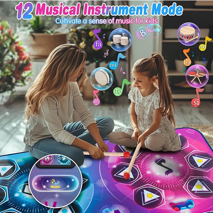 Dance Mat Toy Gift for Kids ages 3-12, Dancing Music Playmat with 12 Key, Large Size (59*38 in), Double User Challenge Game Christmas Birthday Gift for Girls Boys 5 6 7 8 9 10 11 12 Year Old