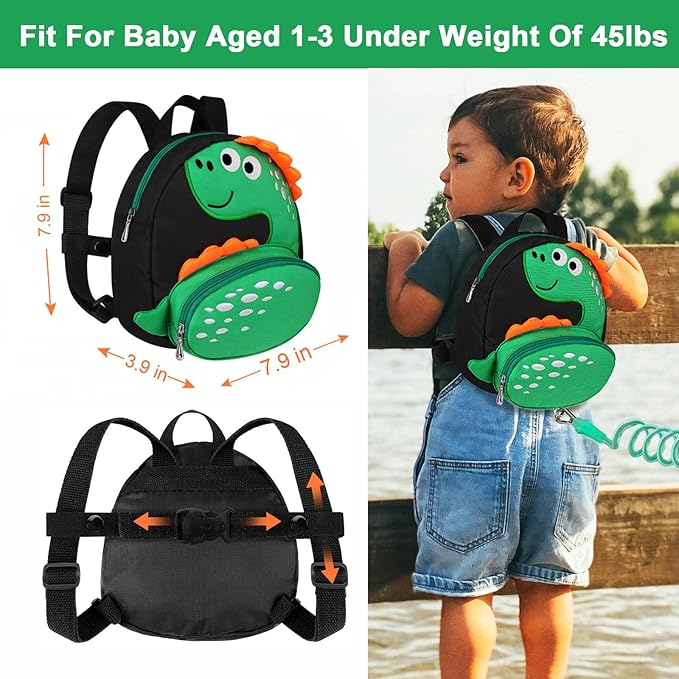 Accmor Toddler Backpack Harness with Safety Leash, Cute Dinosaur Harnesses with Kids Anti Lost Wrist Link, Mini Child Schoolbag with Wristband Tether Strap and Protection Leashes for Baby boys (Black)