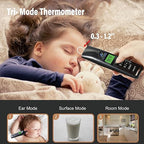 Amplim Baby Thermometer | 3-in-1 Accurate Infrared Thermometer for Ear, Forehead & Touchless, Fever Thermometer for Baby, Infants, Toddlers, Kids & Adults | Base Stand & Clock (Black)