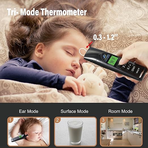 Amplim Baby Thermometer | 3-in-1 Accurate Infrared Thermometer for Ear, Forehead & Touchless, Fever Thermometer for Baby, Infants, Toddlers, Kids & Adults | Base Stand & Clock (Black)