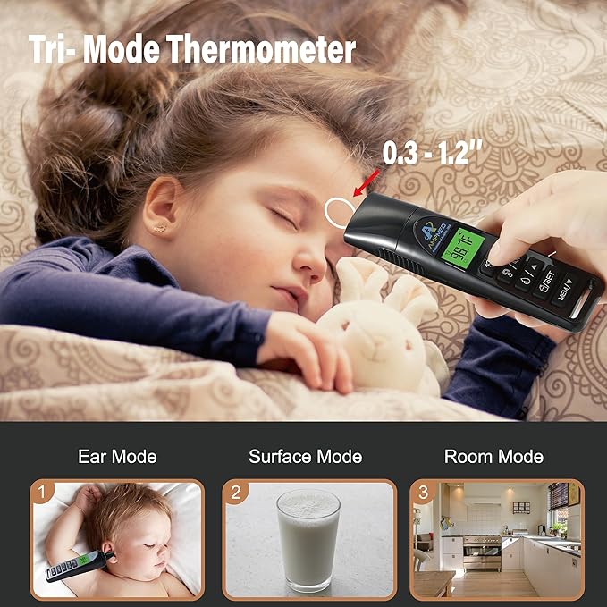 Amplim Baby Thermometer | 3-in-1 Infrared Thermometer for Ear, Forehead & Touchless, Accurate Fever Thermometer for Baby, Infants, Toddlers, Kids & Adults | Black Base Stand & Clock