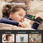 Amplim Baby Thermometer | 3-in-1 Infrared Thermometer for Ear, Forehead & Touchless, Accurate Fever Thermometer for Baby, Infants, Toddlers, Kids & Adults | Black Base Stand & Clock