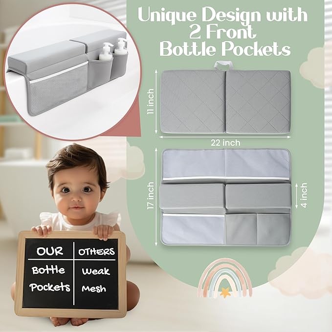 Bornealand® 2" Extra Thick Baby Bath Kneeler and Elbow Rest Pad Set + Hooded Towel - Embroidered Kneeling Pad for Bathing Baby - Dual-Layer Memory Foam Bathtub Kneeler and Elbow Rest Set
