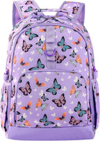 Choco Mocha Butterfly Backpack for Girls, Elementary School Backpack for Girls Ages 6-8 Kids Kindergarten Backpack Large Bookbag 18 Inch with Chest Strap, Purple