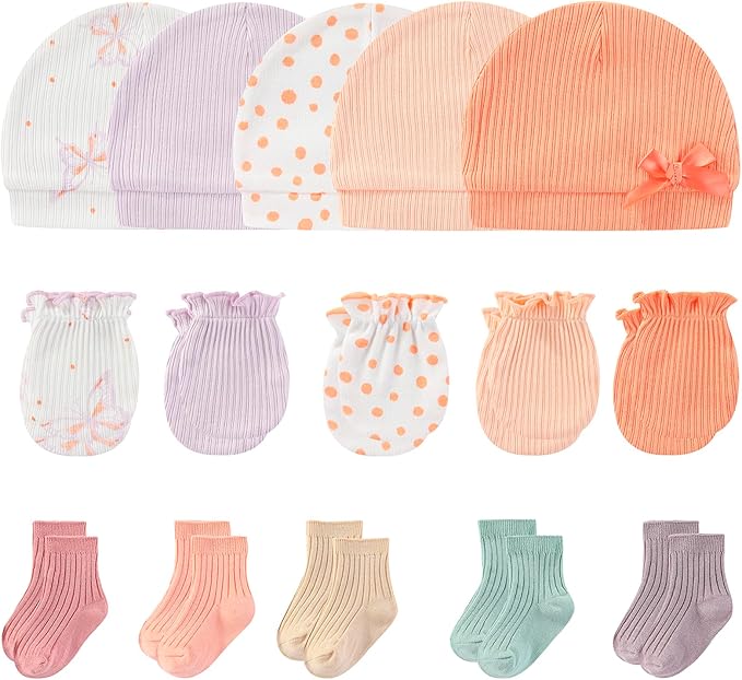 Newborn Baby Boy Girl Caps Mittens Socks Set Cotton Baby Essentials Accessories (Hats+Gloves+Socks)