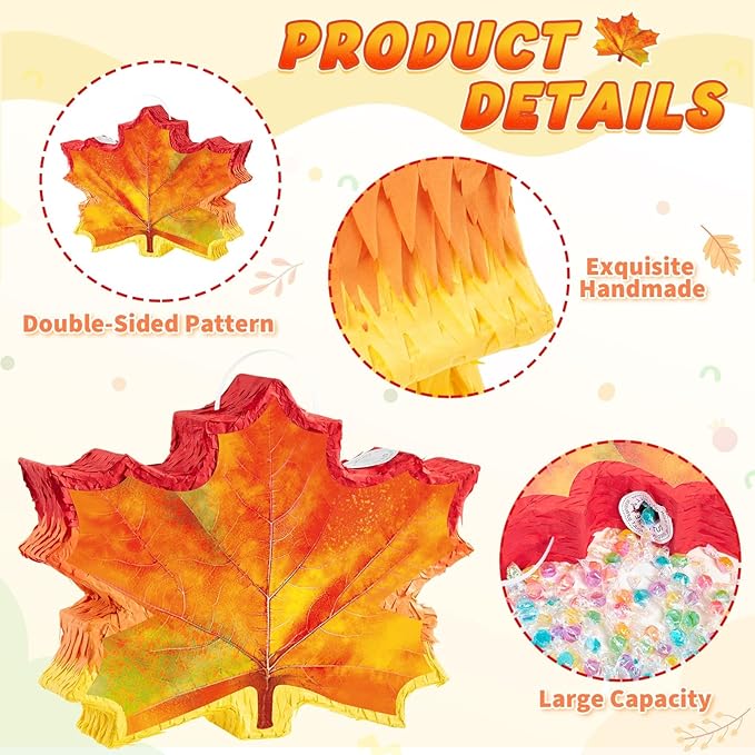 WERNNSAI Fall Leaf Pinata - Maple Leaf Pinata Thanksgiving Party Games for Kids Orange Autumn Hanging Leaves Decor Fall Festival Thanksgiving Family Party Favors with Blindfold