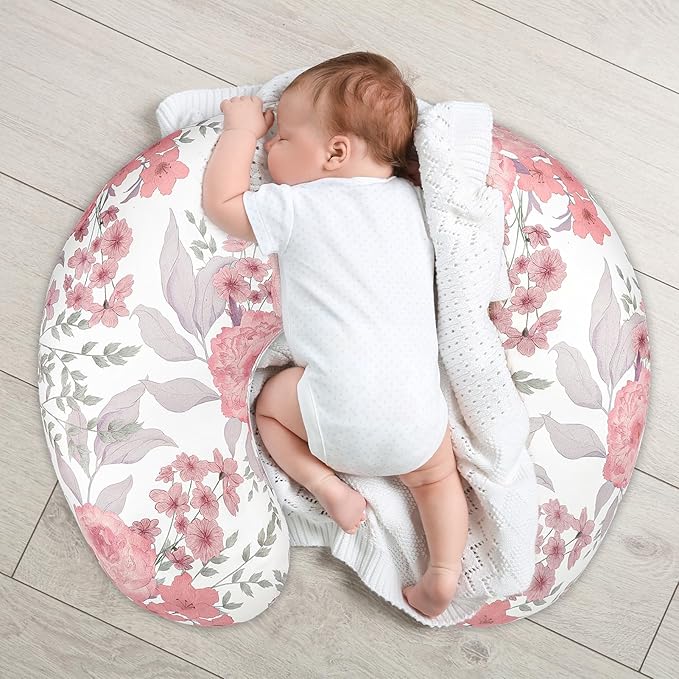 Nursing Pillow Cover, Breastfeeding Pillow Cover Stretchy Removable Feeding Pillowcase for Newborn, Ultra Soft and Comfortable Nursing Pillow Slipcover for Baby Girls Boys, Pink Floral